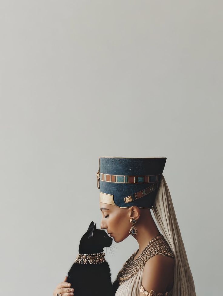 Circuito Nefertari — mulher com coroa de Nefertari e gata preta ornamentada
