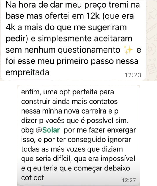 Mentorada do Circuito Nefertari que ofertou seu serviço por 12 mil e foi aceita sem questionamento