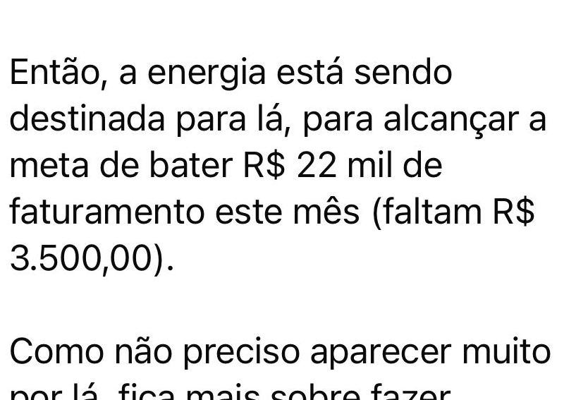 Mentorada relatando meta de R$ 22 mil de faturamento no mês