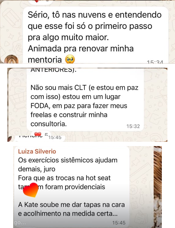 Mensagens de mentoradas sobre confiança do cliente e exercícios sistêmicos
